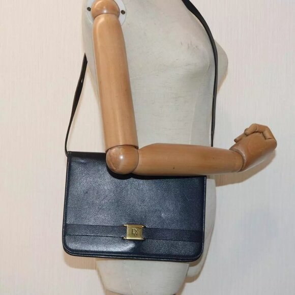 Christian Dior Shoulder Bag Leather Navy Gold Auth - Picture 1 of 16